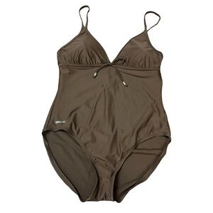 VTG Dark Brown Speedo Deep Plunge Lightly Padded One Piece Swimsuit Size 18